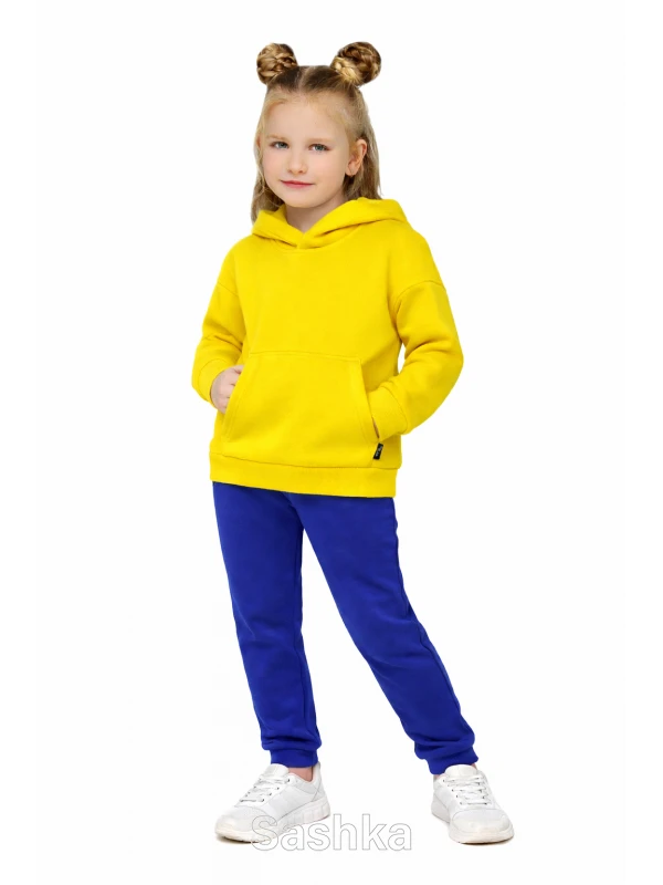 Трикотажний костюм на флісі жовтий з синіми штанами для дівчинки